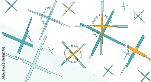 Abstract composition featuring scattered, stylized cross-like shapes composed of geometric segments in blue, teal, and orange on a clean white background.