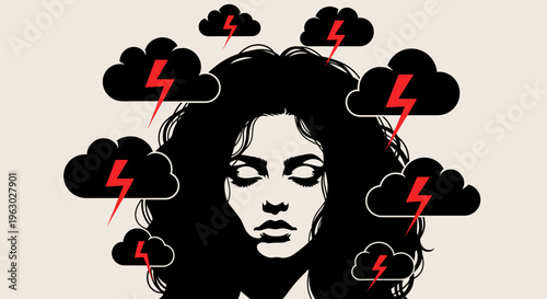 Womans Face Surrounded by Storm Clouds and Lightning.