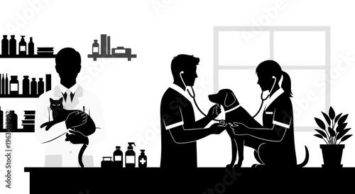 Veterinarian Examining Dog and Cat with Stethoscope.