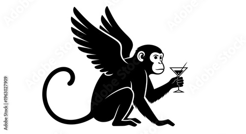 Winged Monkey Holding Cocktail Glass Icon.