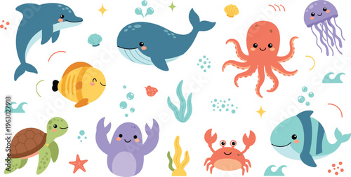 Cute Marine Animal Cartoon Collection Featuring Dolphin Whale Octopus Crab Turtle Jellyfish and Fish in Colorful Flat Style for Kids Ocean Design Projects.