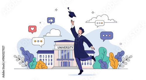 Proud graduate throwing his mortarboard cap into the air in celebration in front of a modern university campus building.