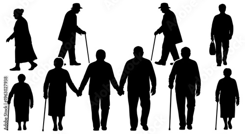 Silhouettes of Elderly People Walking and Holding Hands.