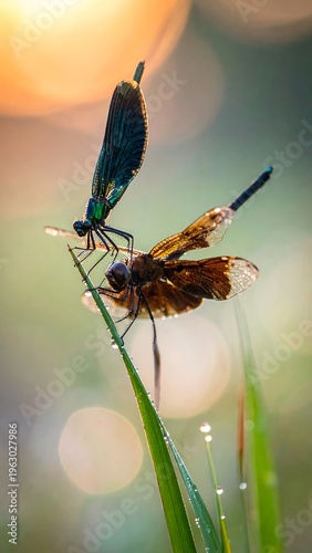 Two dragonflies cling to blades of grass, sunrise in background