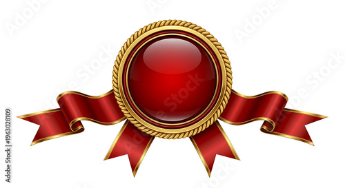 Red gemstone award ribbon with gold trim isolated on white background for recognition or achievement symbol