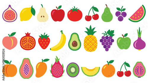 Assortment of fresh colorful fruits and vegetables on white background.