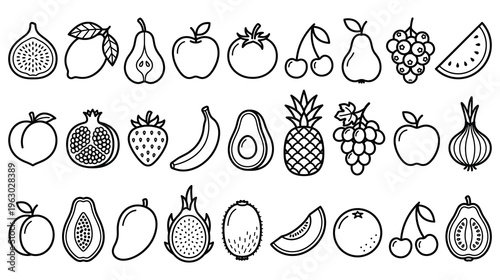 Assortment of fresh fruits and vegetables vector icons.