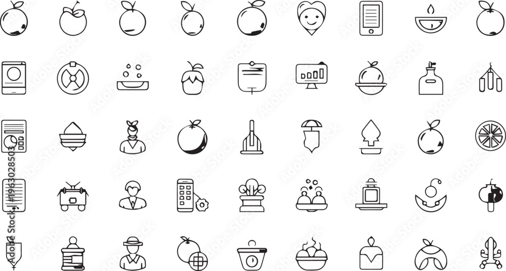 Naklejka premium set of black and white orange fruits vector icons