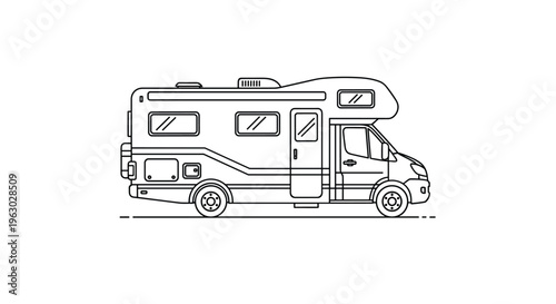 Detailed line drawing illustration of a modern motorhome designed for recreational travel and camping adventures.