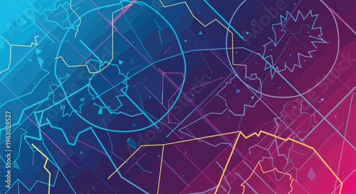 Futuristic abstract background with dynamic glowing lines, shattered fragments, geometric shapes, and circular elements on a vibrant blue to purple gradient.