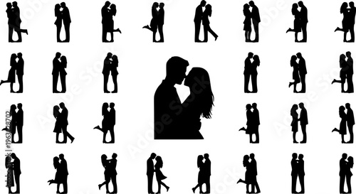 Romantic Couples and Lovers Silhouette Collection - Diverse Hugging and Kissing Vector Poses