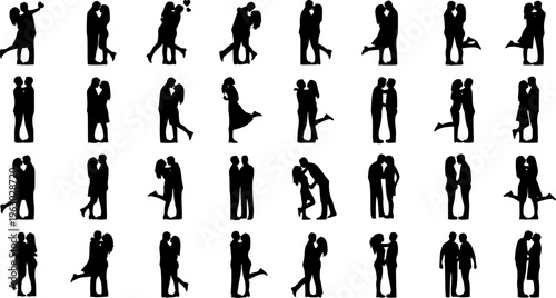 Romantic Couples and Lovers Silhouette Collection - Diverse Hugging and Kissing Vector Poses