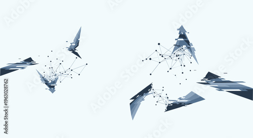 Abstract network visualization featuring two dynamic clusters of connected data points and fragmented geometric shapes on a light blue background.