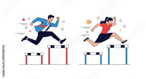 Business professionals in suits jumping over hurdles as a metaphor for overcoming challenges and achieving career success.