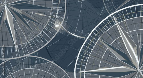 Intricate seamless pattern featuring multiple overlapping stylized compass roses with grid lines in shades of grey and white, symbolizing navigation.