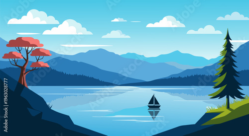 Beautiful serene lake landscape with a sailboat, mountains, and trees - vector illustration
