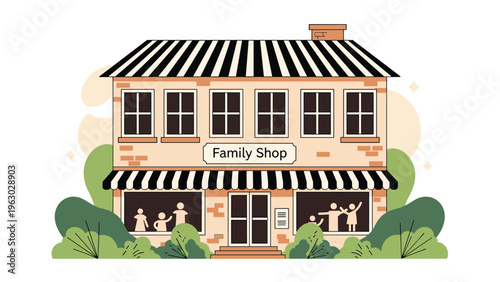 Family-owned shop building features a two-story brick exterior with striped awnings and people visible through the windows.