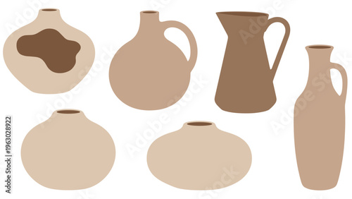 Assorted clay pottery jugs and vases in various earthy brown shades are arranged together in this minimalist illustration.