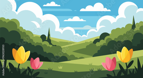 Beautiful Spring Landscape with Tulips, Rolling Hills, and Clouds - Vector Illustration for Nature and Gardening Themes