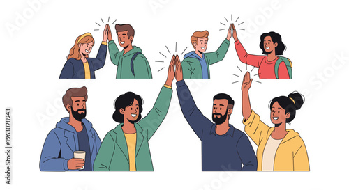 Cheerful individuals in a professional setting giving high fives to celebrate collective achievement and team spirit.