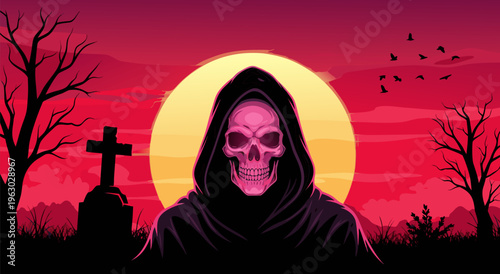 Grim Reaper vector illustration with a skull head in a dark cloak against a sunset backdrop with a tombstone and crows, eery and spooky atmosphere