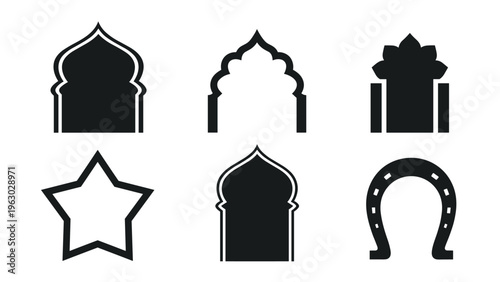 Collection of six black silhouette icons features different architectural arch shapes and decorative graphic elements.