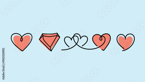 Row of five simple hand-drawn heart and gemstone icons in a warm pink hue is set against a soft light blue background.