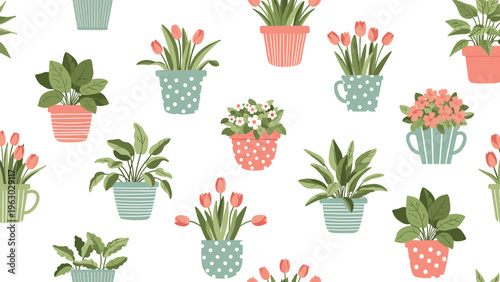 Charming seamless pattern features a variety of house plants and blooming flowers in colorful and decorative pots.