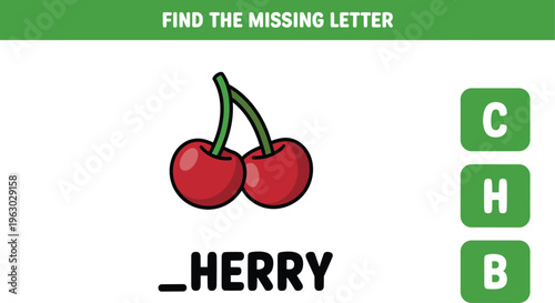 Educational activity sheet for children to find the missing letter for cherry word