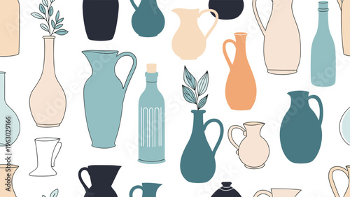 Artistic seamless pattern features various ceramic vases, bottles, and jugs holding simple leafy branches and stems.