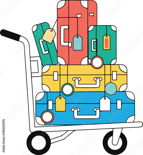 colorful luggage on a dolly