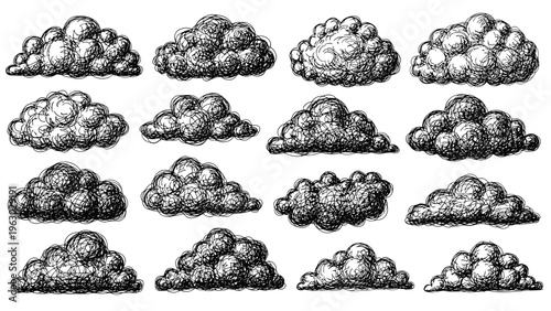 Group of sixteen hand-drawn sketchy cloud illustrations shows a variety of fluffy shapes in a black ink style.