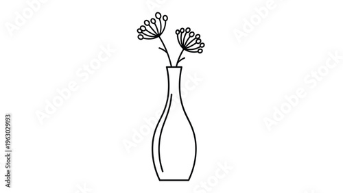 Elegant line drawing of a slender ceramic vase holding two delicate sprigs of dried flowers or buds on a plain white background.