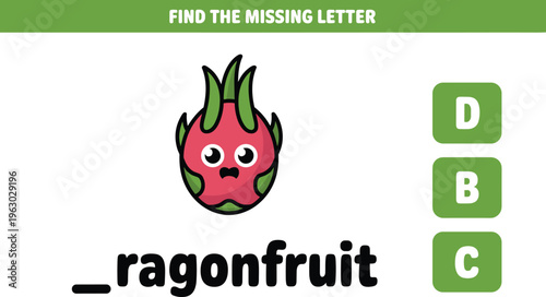 Educational activity sheet for children to find the missing letter for dragonfruit