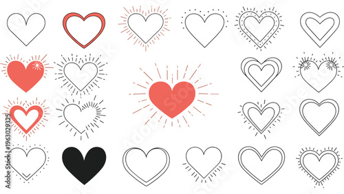 Large collection of diverse heart-shaped icons and symbols featuring different outlines, shadows, and decorative rays in red and black.