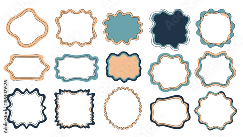 Collection of fifteen decorative frame borders with wavy, scalloped, and zigzag edges in muted blue and peach tones for graphic design.
