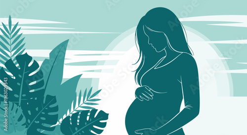 Pregnant woman vector illustration with tropical leaves and sun behind her, symbolizing new life and nature