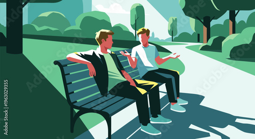 Vector illustration of two friends having a conversation while sitting on a park bench on a sunny day