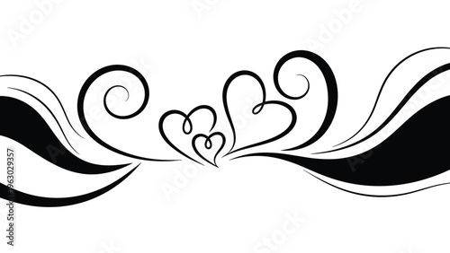 Elegant black calligraphic flourish or border design featuring several stylized hearts and graceful swirling lines on a white background.