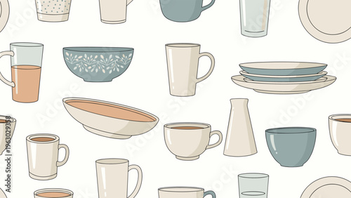 Seamless pattern featuring a variety of colorful ceramic cups, mugs, bowls, and plates on a clean white background for kitchen decor.