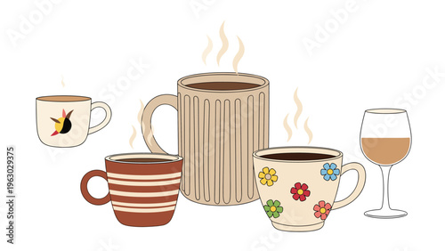 Illustration of a collection of diverse mugs with patterns and steam alongside a single glass of white wine on a white background.