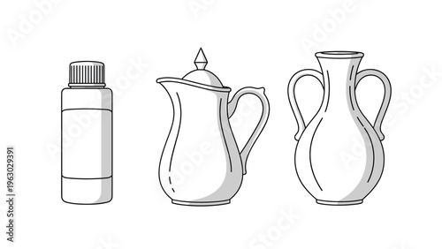 Detailed illustration of three distinct white vessels including a small bottle, a decorative pitcher, and a two-handled ceramic vase.