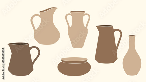 Artistic illustration of a collection of six different ceramic pots, jugs, and vases in various shades of brown and beige on a background.