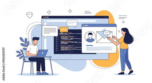 Web development team working on software programming with large screen displaying code and electronic mail icons.