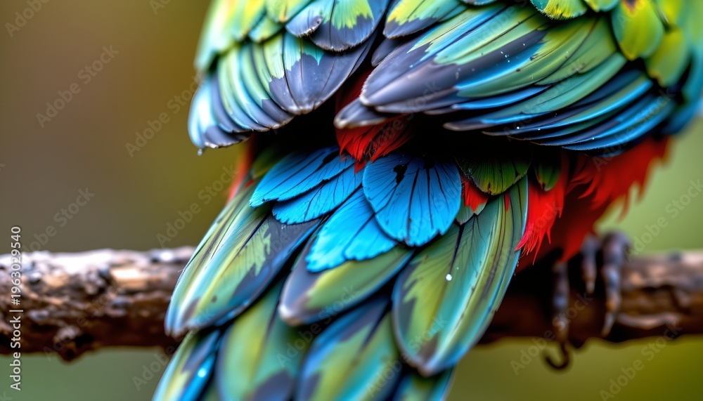Obraz premium The image showcases a close up view of a vividly colored bird perched on a textured branch