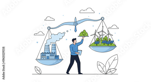 Man using giant scales to balance industrial factory pollution against clean renewable energy with wind turbines.