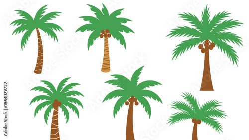 Set of six various tropical palm trees with brown trunks and green fronds, some bearing coconuts, in a flat vector style.