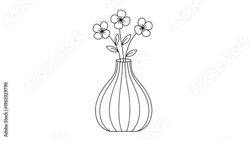 Simple black and white line art drawing of three small flowers in a striped decorative vase for minimalist interior design.