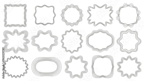 Set of fifteen diverse decorative borders in various shapes including circles, squares, and stars, featuring fine parallel line patterns.