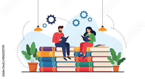 Two students sitting on top of giant stacks of books while reading to represent higher education and academic learning.